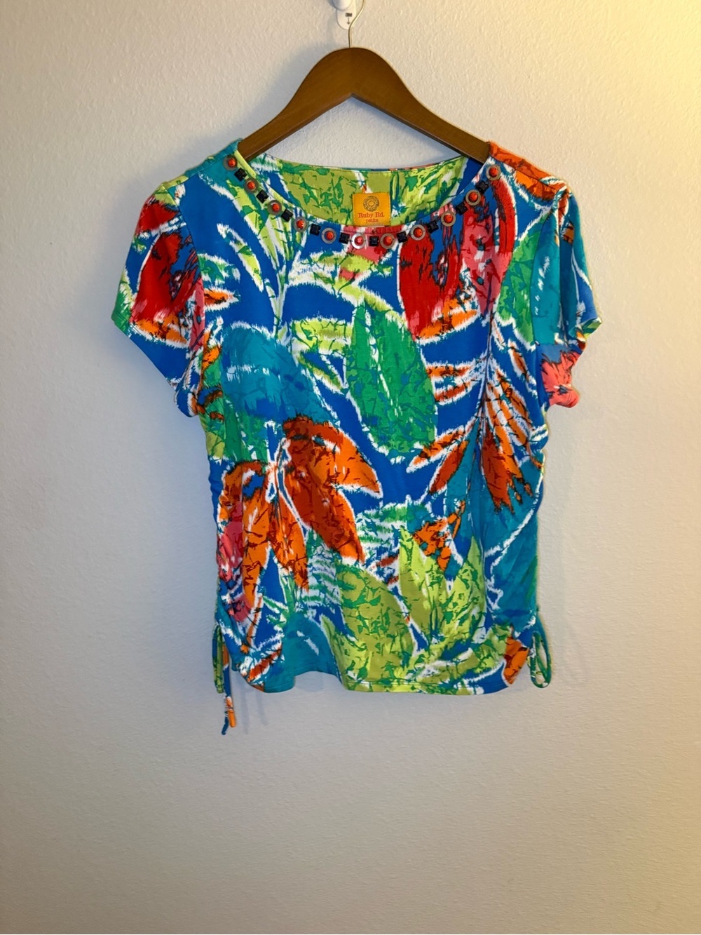 Ruby Rd. Blue Multi-Color Tropical Short Sleeve Top - Picture 2 of 6